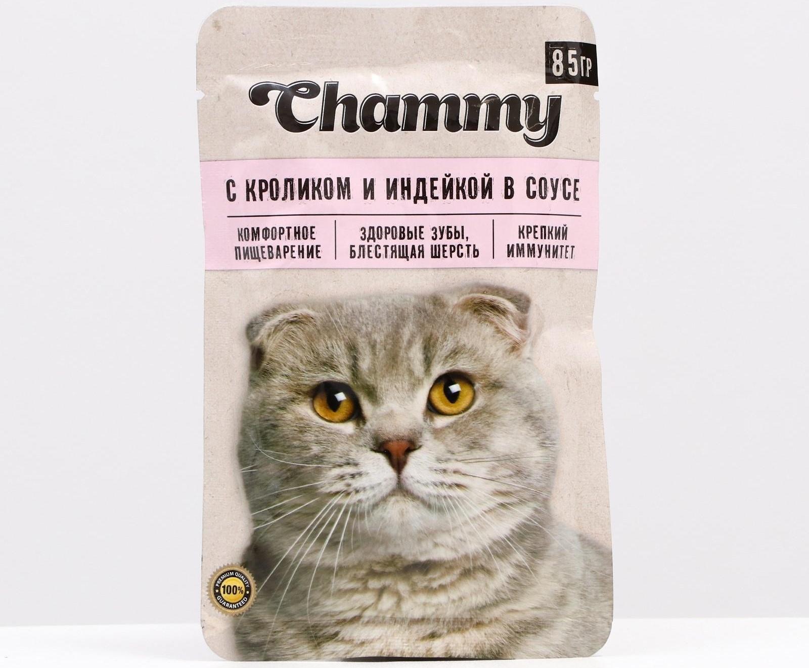 Влажный корм Chammy для кошек, кролик/индейка в соусе, пауч, 85 г