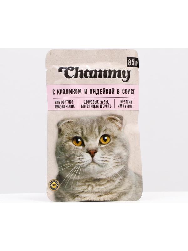 Влажный корм Chammy для кошек, кролик/индейка в соусе, пауч, 85 г