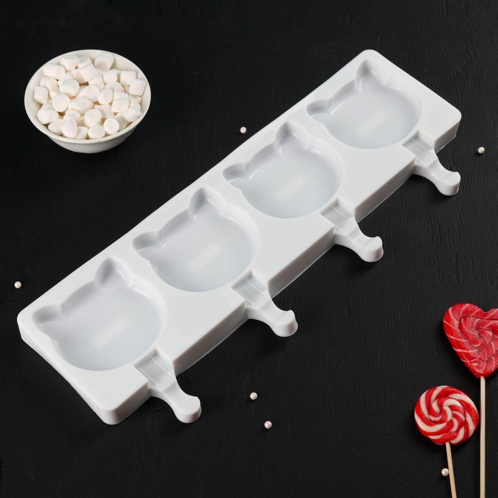 Форма силиконовая для мороженого «Коты», 38×14,5×2,5 см, 4 ячейки, цвет белый