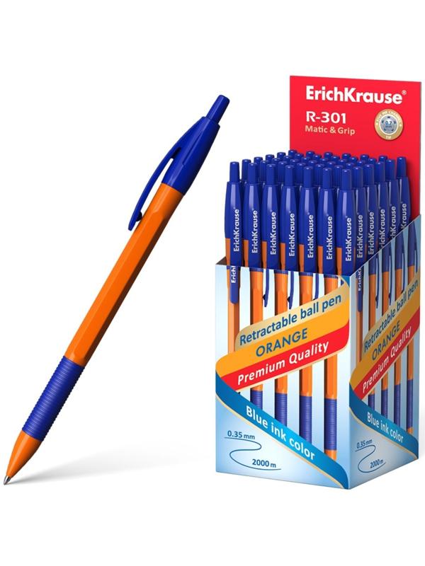 Ручка шариковая Erich Krause R-301 Orange Matic & Grip, автомат, стержень синий, 0,7 мм