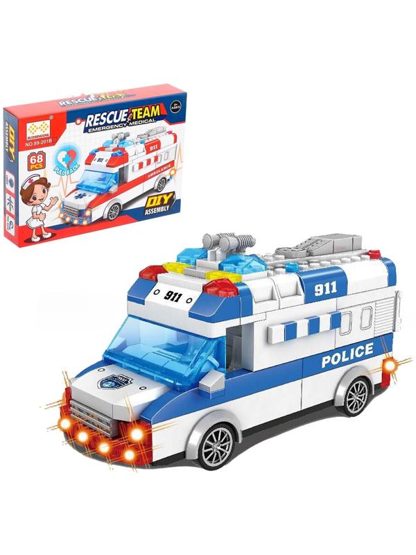 Конструктор блочный инерционный «Полицейский фургон», свет, звук, 68 деталей