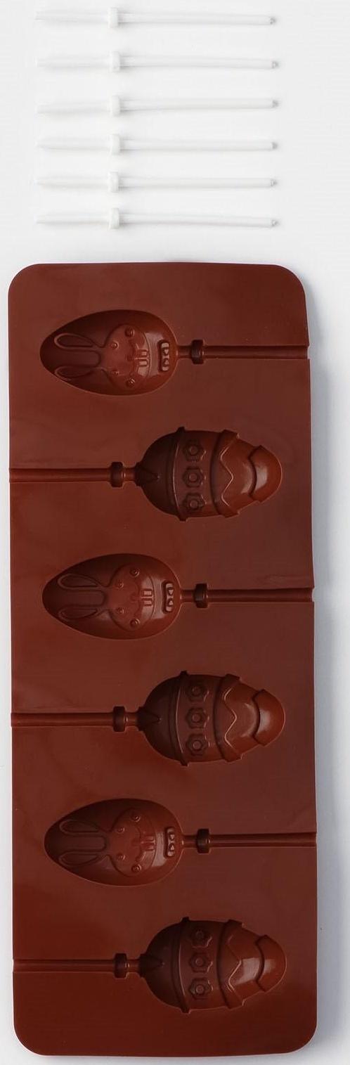 Форма силиконовая для леденцов Доляна «Пасхальный кролик», 26×10×1 см, 6 ячеек, с палочками, цвет коричневый