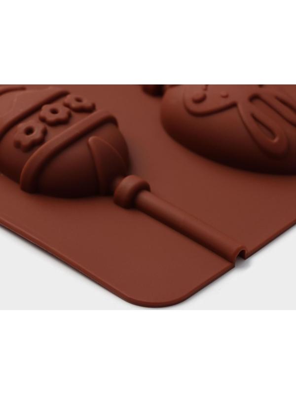 Форма силиконовая для леденцов Доляна «Пасхальный кролик», 26×10×1 см, 6 ячеек, с палочками, цвет коричневый