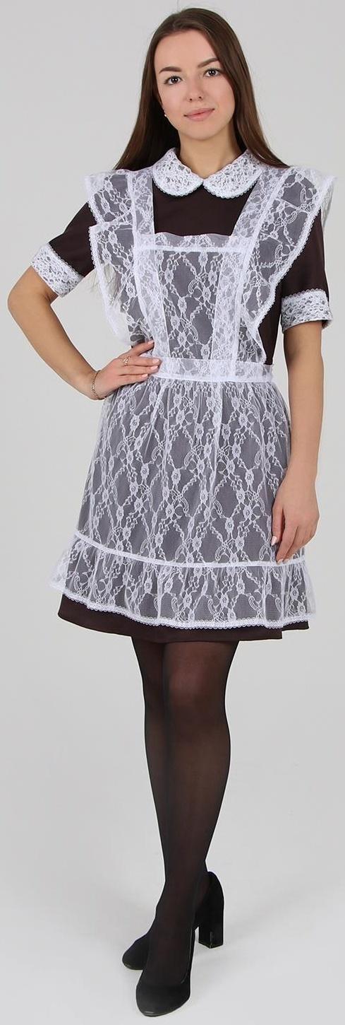 Школьный фартук с воланом по бретелям и низу, гипюр, мелкие цветы, р. 42-50, цвет белый