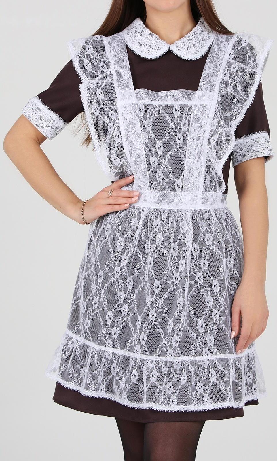 Школьный фартук с воланом по бретелям и низу, гипюр, мелкие цветы, р. 42-50, цвет белый