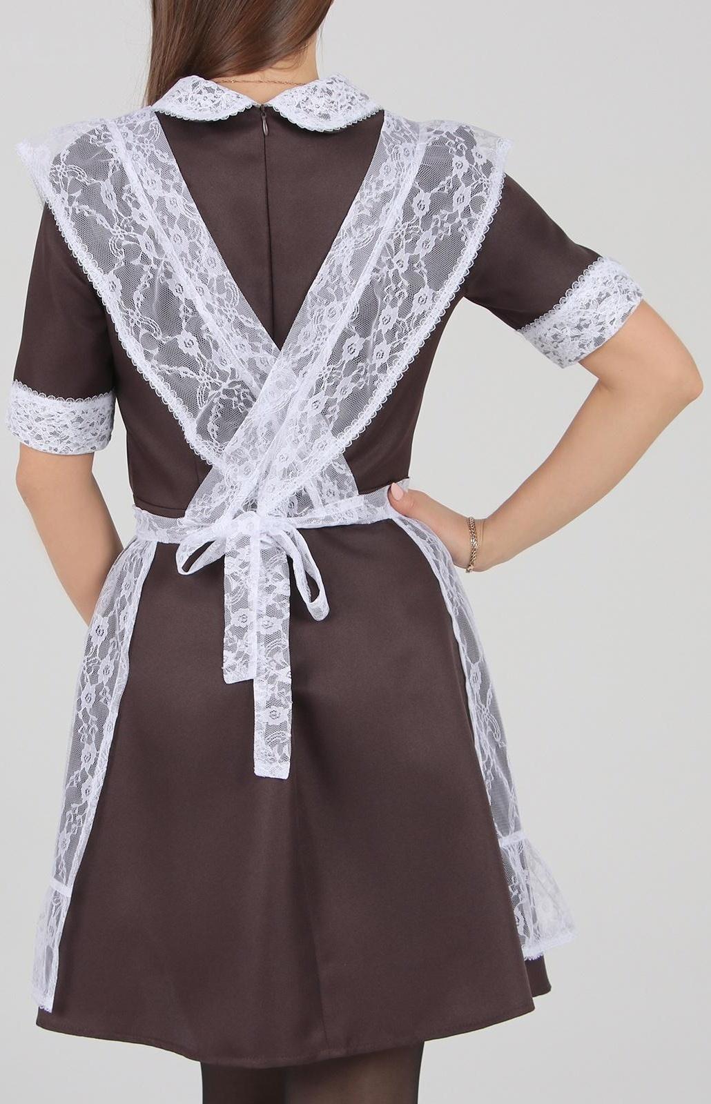 Школьный фартук с воланом по бретелям и низу, гипюр, мелкие цветы, р. 42-50, цвет белый