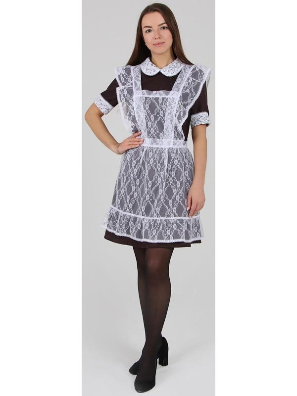 Школьный фартук с воланом по бретелям и низу, гипюр, мелкие цветы, р. 42-50, цвет белый