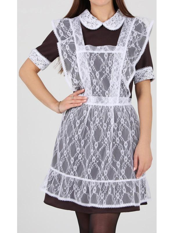 Школьный фартук с воланом по бретелям и низу, гипюр, мелкие цветы, р. 42-50, цвет белый