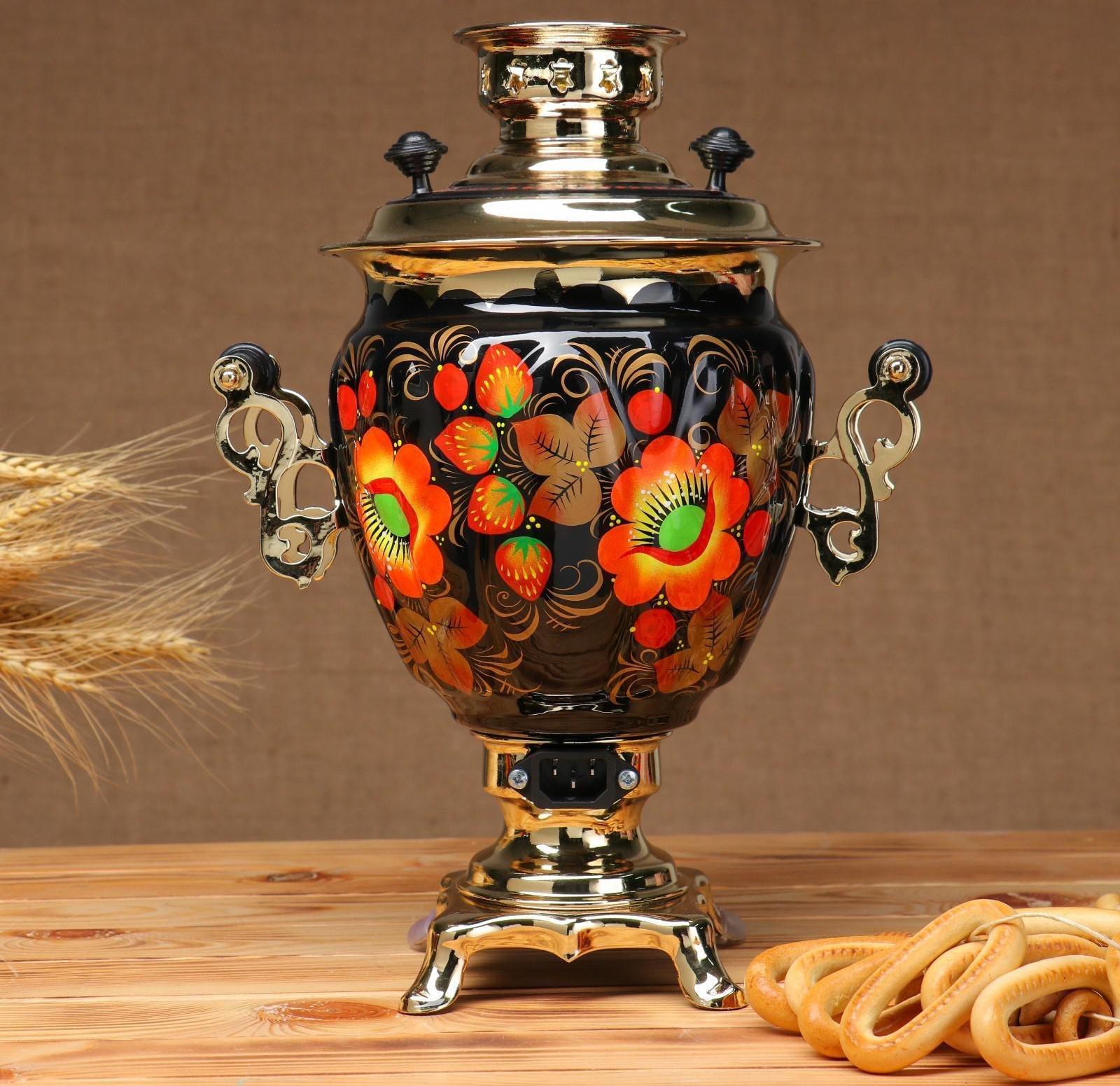 Набор «Маки», жёлудь, 3 предмета, самовар 3 л, заварочный чайник 0,7 л, поднос