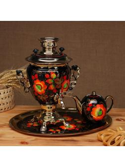 Набор «Маки», жёлудь, 3 предмета, самовар 3 л, заварочный чайник 0,7 л, поднос