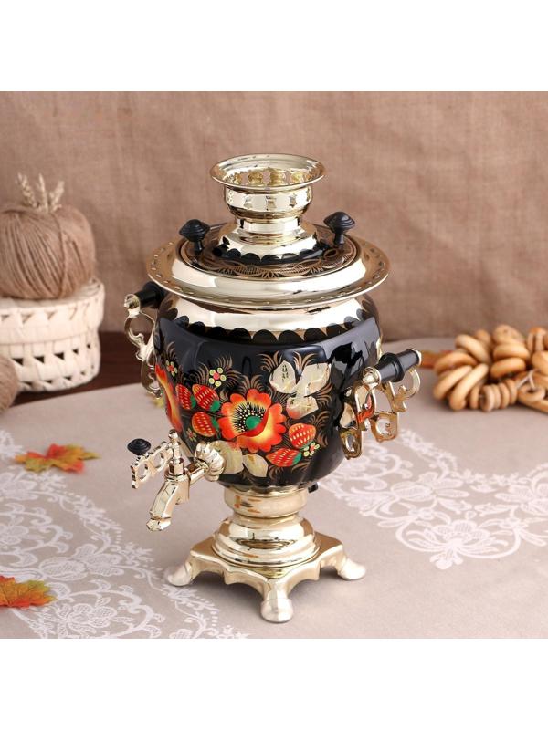 Набор «Маки», жёлудь, 3 предмета, самовар 3 л, заварочный чайник 0,7 л, поднос