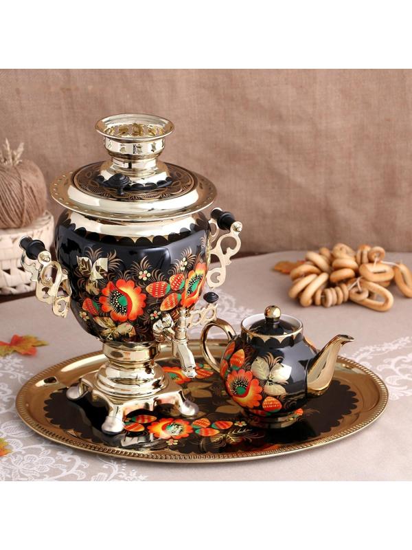 Набор «Маки», жёлудь, 3 предмета, самовар 3 л, заварочный чайник 0,7 л, поднос