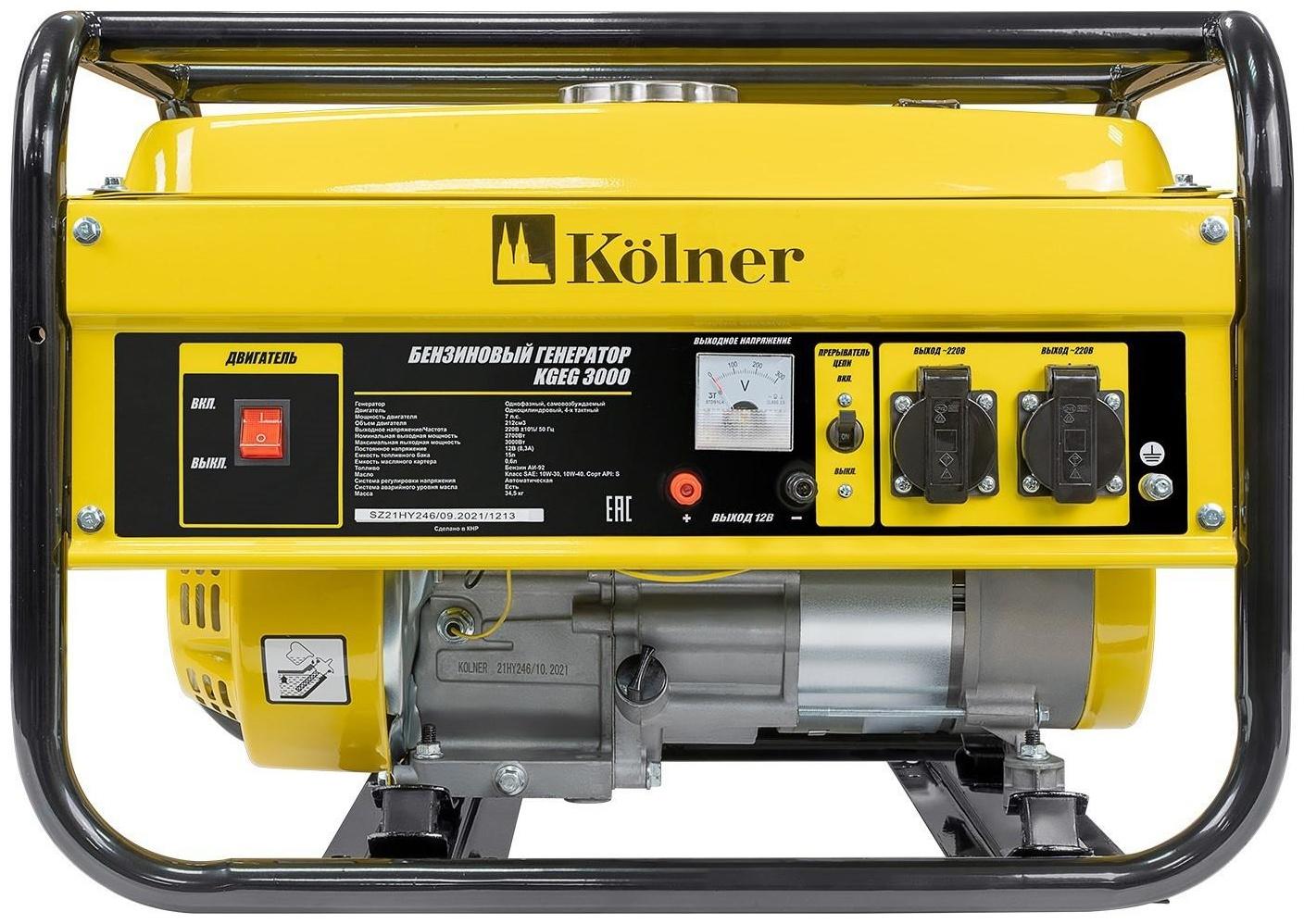 Генератор  бензиновый Kolner KGEG 3000, 4Т, 3 кВт, 7 л.с, 15 л, 2х220/12 В, ручной старт