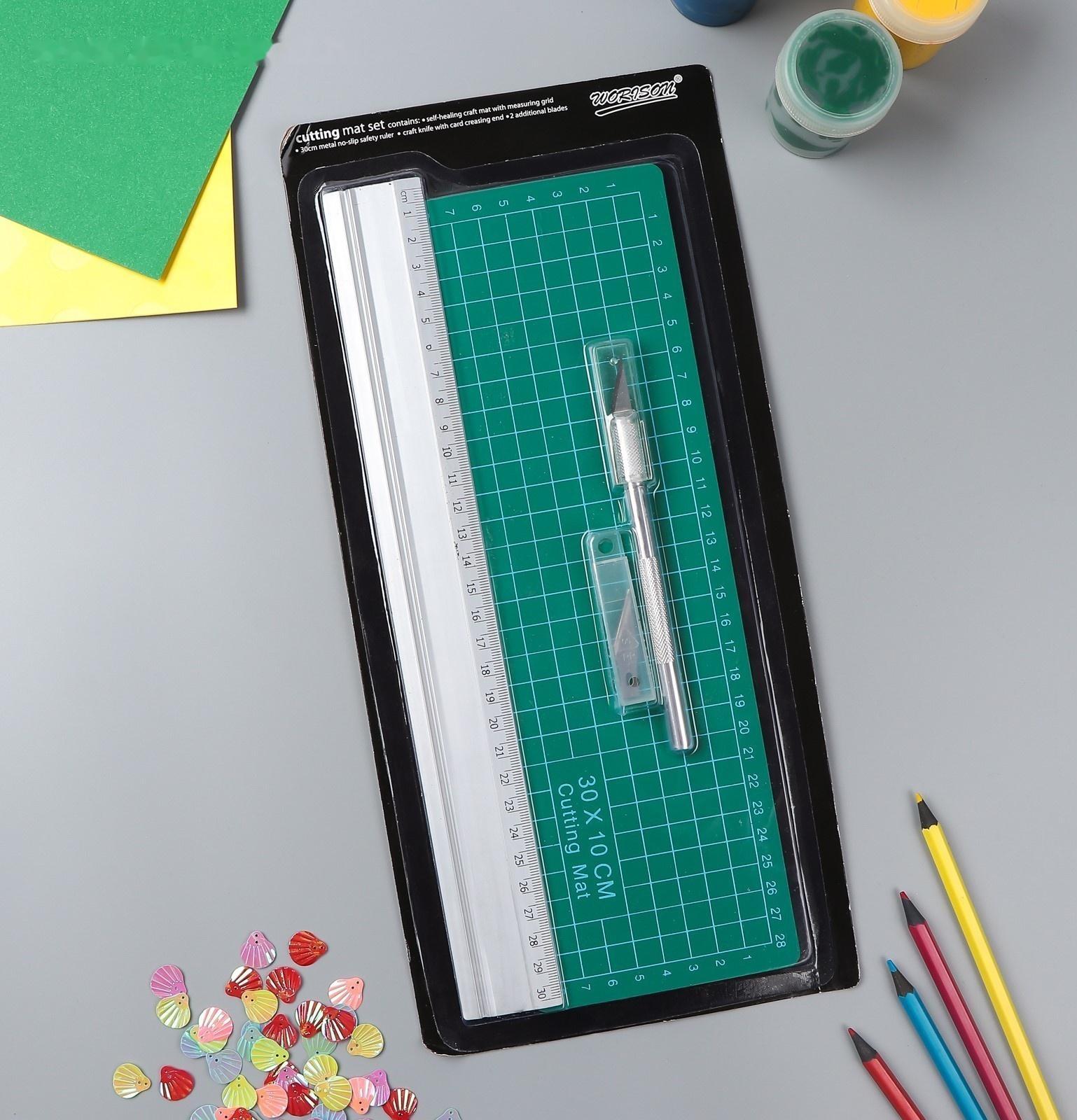 Набор инструментов для творчества: нож 4+1 лезвий, линейка, мат 30х10 см, 34,7х16,3 см