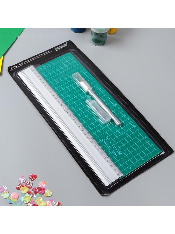 Набор инструментов для творчества: нож 4+1 лезвий, линейка, мат 30х10 см, 34,7х16,3 см