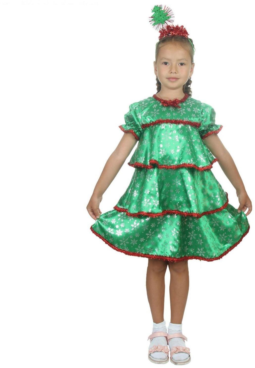 Карнавальный костюм «Ёлочка со снежинками», атлас, платье ярусами, ободок, р. 30, рост 110-116 см
