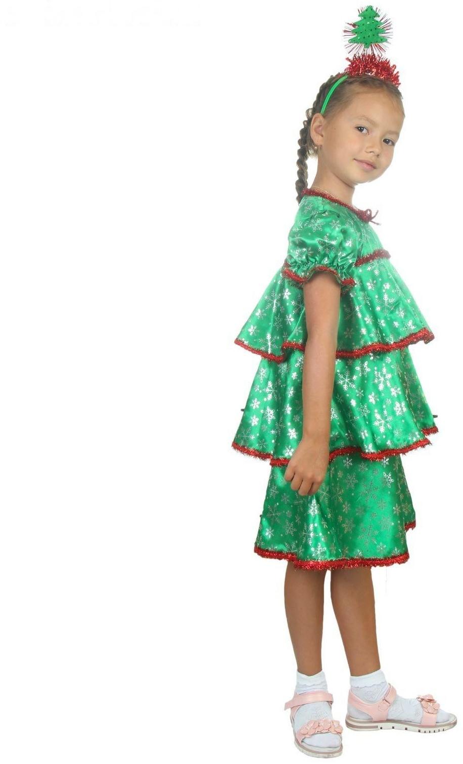 Карнавальный костюм «Ёлочка со снежинками», атлас, платье ярусами, ободок, р. 30, рост 110-116 см
