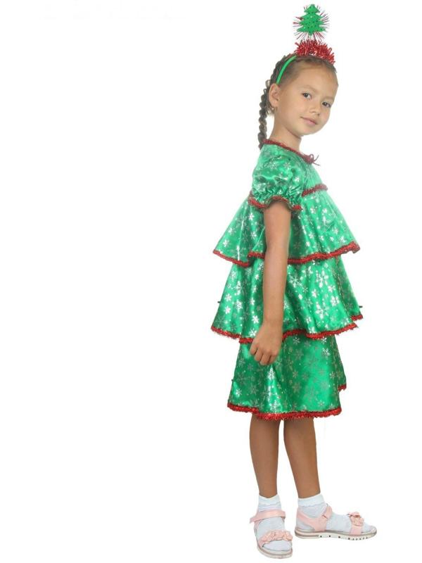 Карнавальный костюм «Ёлочка со снежинками», атлас, платье ярусами, ободок, р. 30, рост 110-116 см