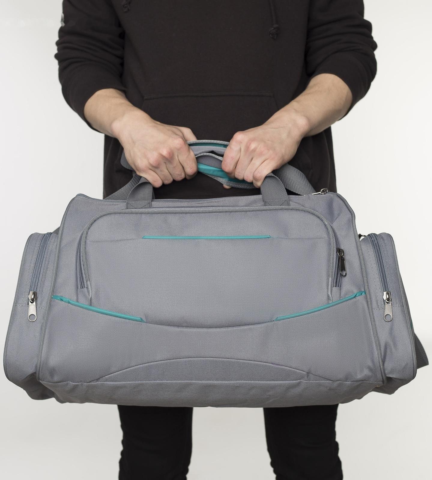 Сумка спортивная на молнии, 3 наружных кармана, цвет серый/бирюзовый