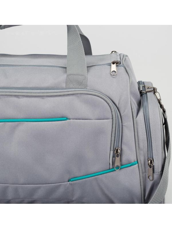 Сумка спортивная на молнии, 3 наружных кармана, цвет серый/бирюзовый