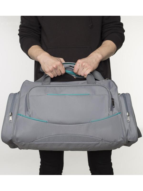 Сумка спортивная на молнии, 3 наружных кармана, цвет серый/бирюзовый