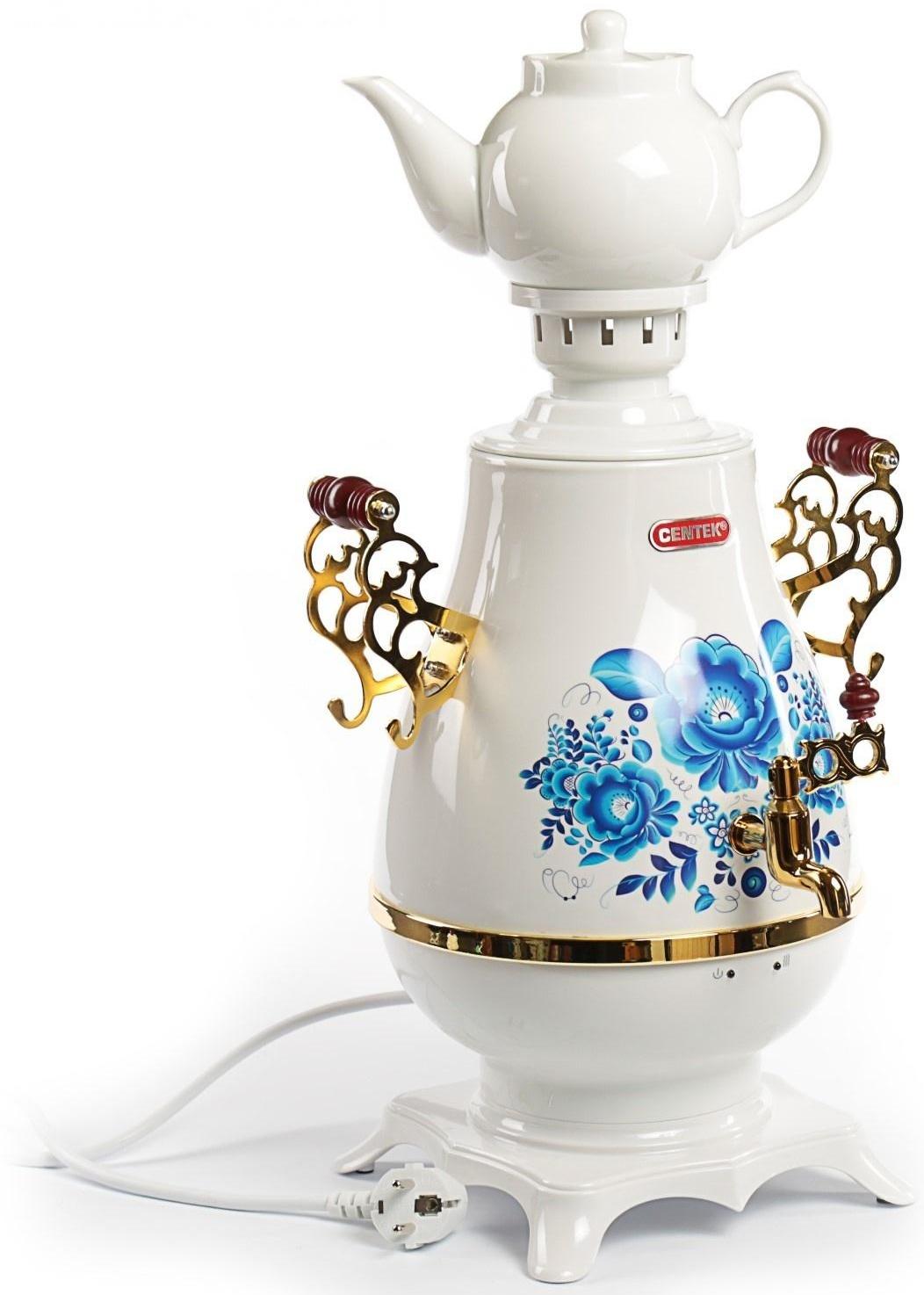 Самовар Centek CT-0092 A, пластик, 4 л, 2300 Вт, LED индикатор, керамический заварник, белый
