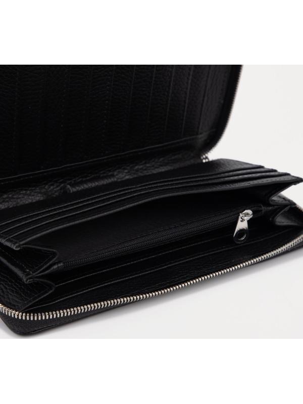 Портмоне на молнии, с ручкой, для купюр, для карт, для монет, цвет чёрный