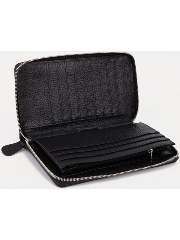 Портмоне на молнии, с ручкой, для купюр, для карт, для монет, цвет чёрный