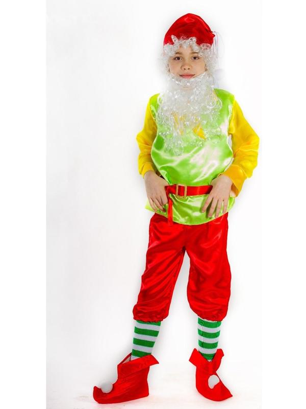 Карнавальный костюм «Гном», колпак, борода, рубашка, пояс, штаны, башмаки, р. 28, рост 110 см