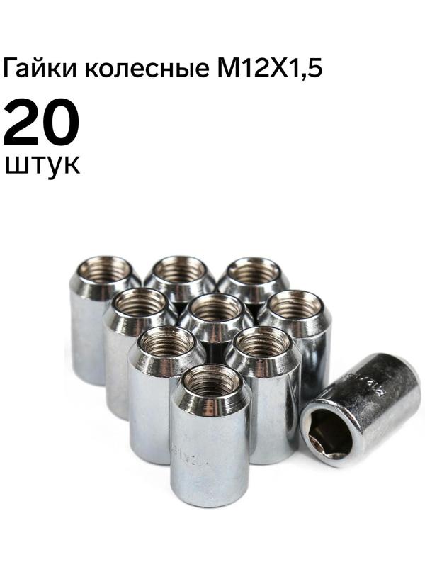 Гайка 12 х 1,5 мм, высота 32, под шестигранник, хром, набор 20 шт