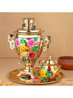 Набор «Цветы на золотом», жёлудь, 3 предмета, самовар 3 л, заварочный чайник 0,7 л, поднос