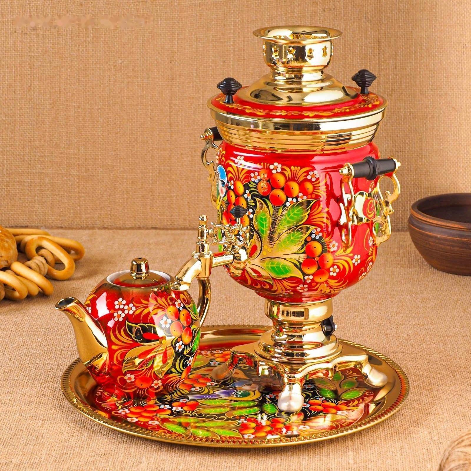 Набор «Рябина», 3 предмета, самовар 3 л, заварочный чайник 0,7 л, поднос