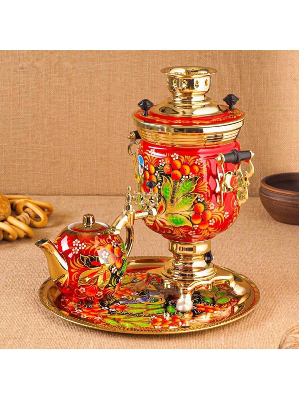 Набор «Рябина», 3 предмета, самовар 3 л, заварочный чайник 0,7 л, поднос