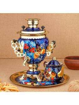 Набор «Птица на синем», жёлудь, 3 предмета, самовар 3 л, заварочный чайник 0,7 л, поднос