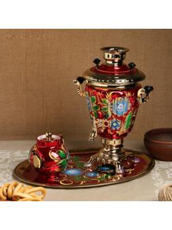 Набор «Васильки», рюмка, 3 предмета, самовар 3 л, заварочный чайник 0,7 л, поднос