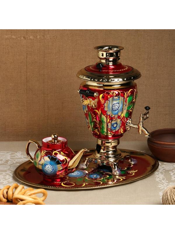 Набор «Васильки», рюмка, 3 предмета, самовар 3 л, заварочный чайник 0,7 л, поднос