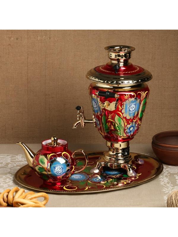 Набор «Васильки», рюмка, 3 предмета, самовар 3 л, заварочный чайник 0,7 л, поднос