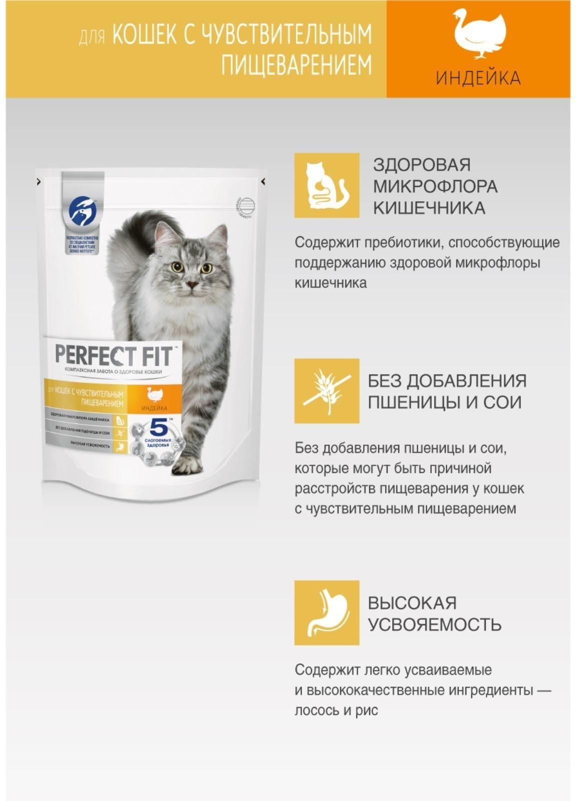 Сухой корм Perfect Fit для чувствительных кошек, индейка, 1,2 кг