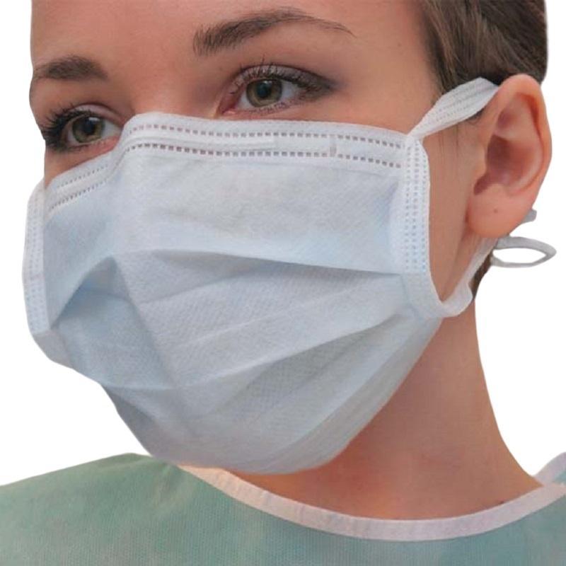 Маска мед трехслойная на завязках голубая, 50шт/уп