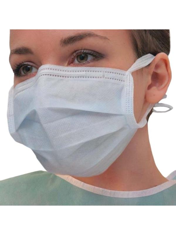 Маска мед трехслойная на завязках голубая, 50шт/уп