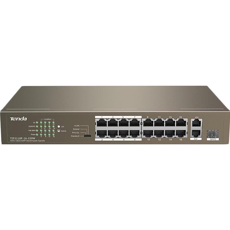 Коммутатор Tenda TEF1118P-16-150W (PoE, неуправл., 10/100 Mbps)