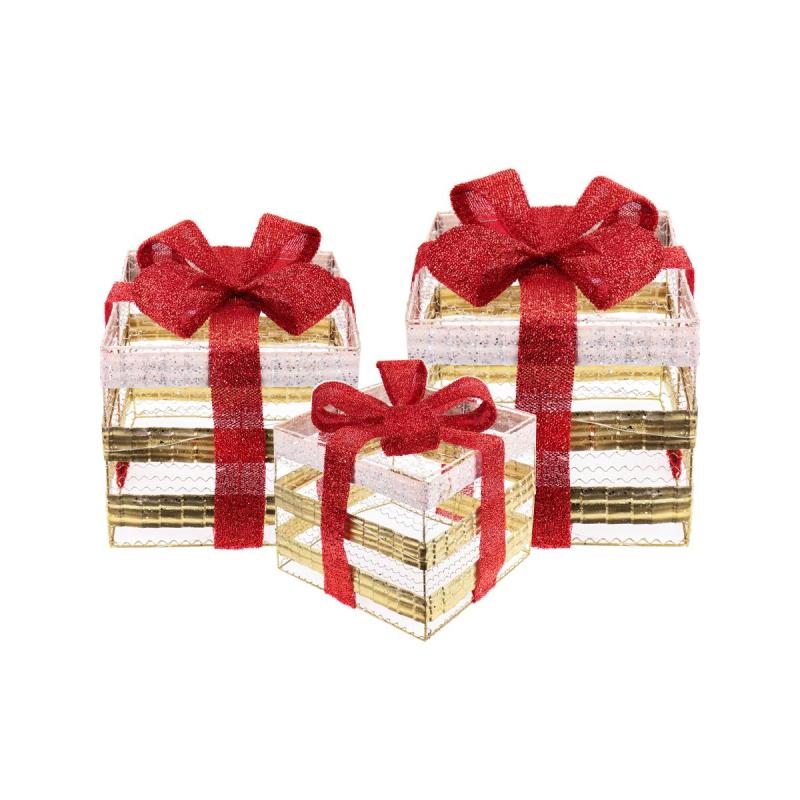 Фигура светящаяся набор Три подарка, красная блестящая лента, , Т-5530