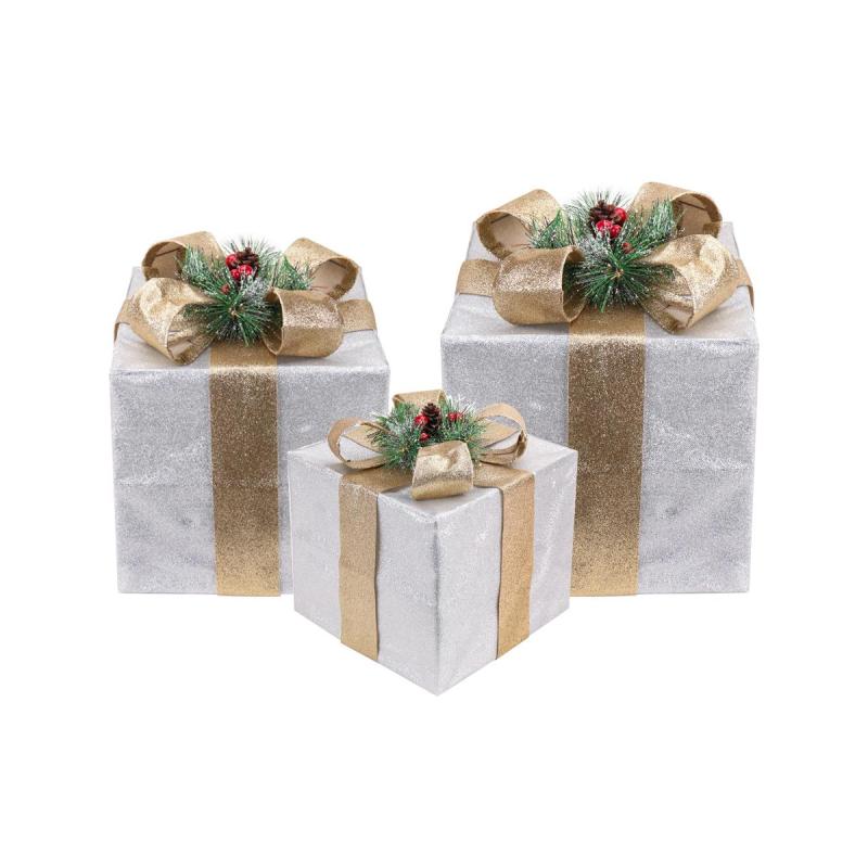 Фигура светящаяся набор Три подарка, бежевая блестящая лента, , Т-5529