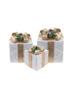 Фигура светящаяся набор Три подарка, бежевая блестящая лента, , Т-5529