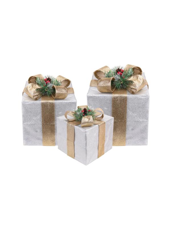 Фигура светящаяся набор Три подарка, бежевая блестящая лента, , Т-5529