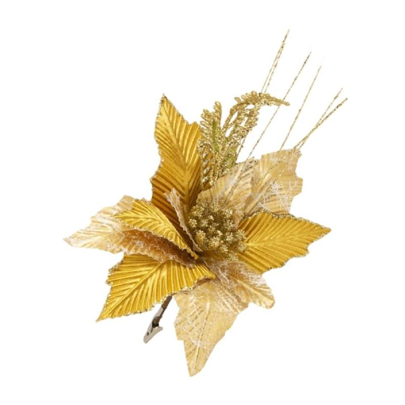 Новогоднее украшение елочное Золотой цветок на клипсе 23x23x31см 88685