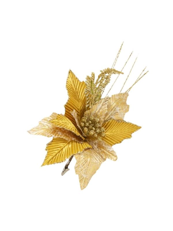 Новогоднее украшение елочное Золотой цветок на клипсе 23x23x31см 88685
