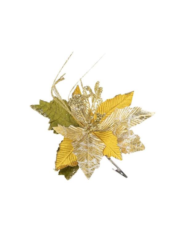 Новогоднее украшение елочное Золотой цветок на клипсе 23x23x31см 88685