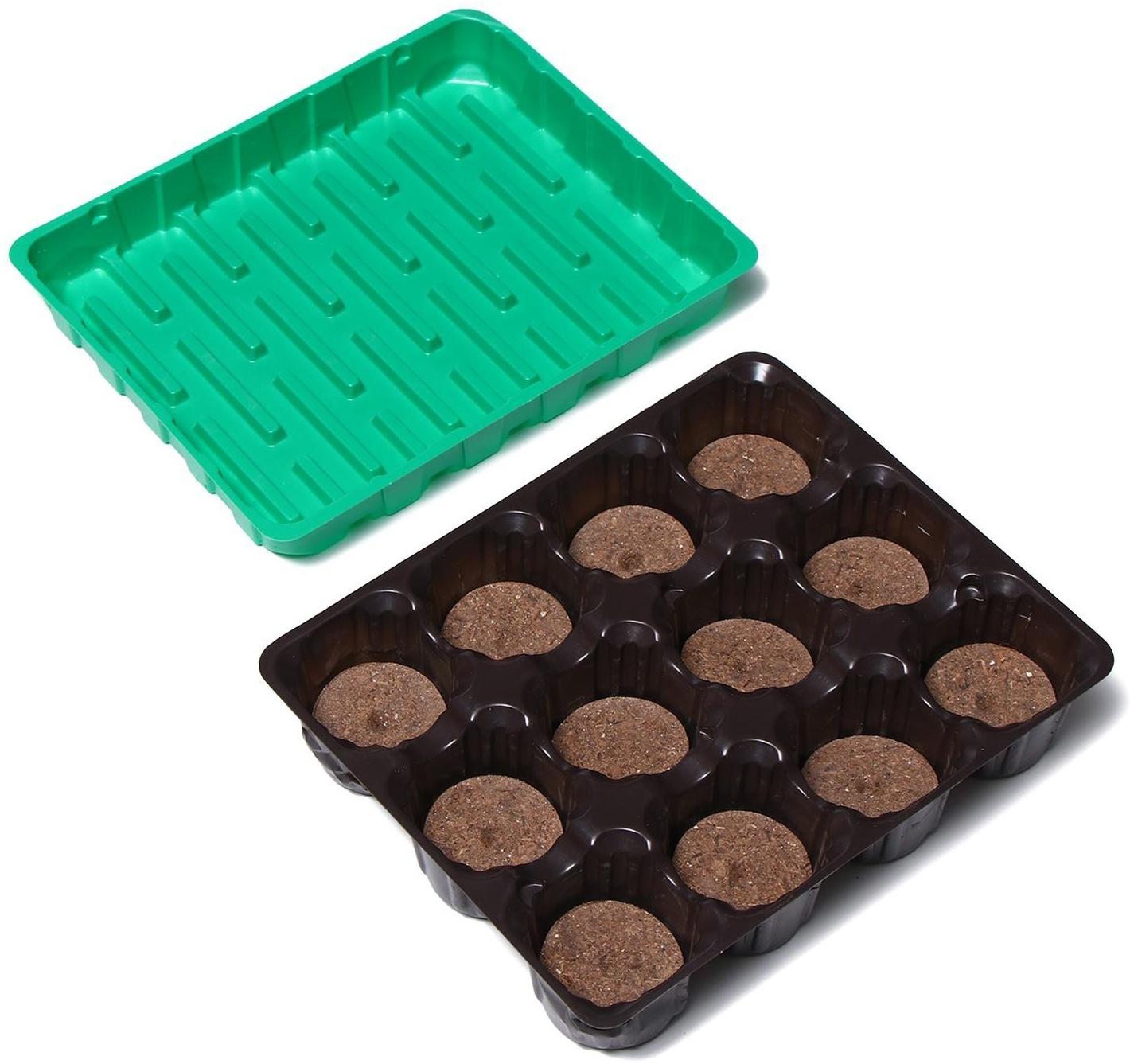 Набор для рассады: торфяная таблетка d = 4.1 см (12 шт.), кассета на 12 ячеек по 50 мл, поддон, зелёный