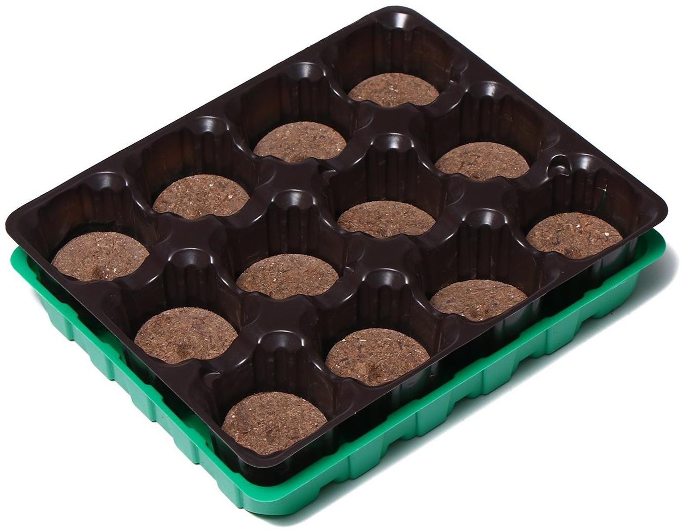 Набор для рассады: торфяная таблетка d = 4.1 см (12 шт.), кассета на 12 ячеек по 50 мл, поддон, зелёный